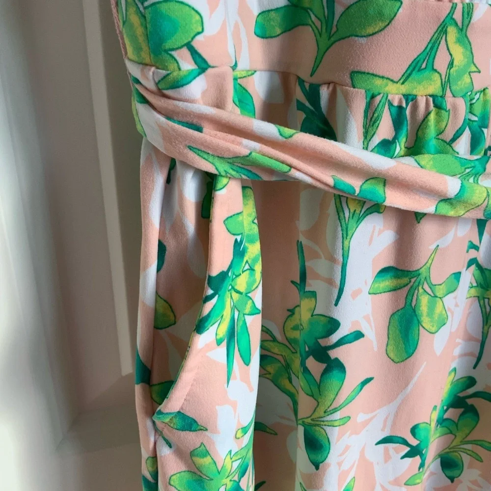 C. Wonder by Christian Siriano Pink with Bold Green Leaf Print Jumpsuit - Picture 4 of 7